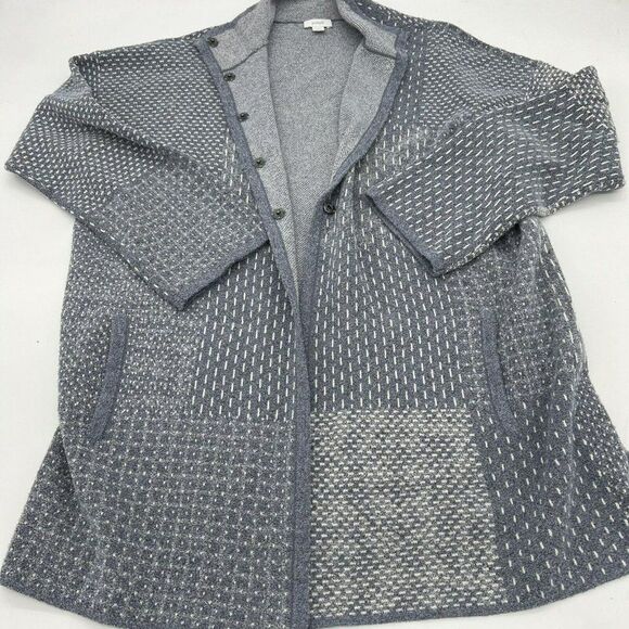 J JILL Pure Cotton Knit Blue White Sweater Coat Jacket Coatigan Small Oversized - Picture 1 of 6